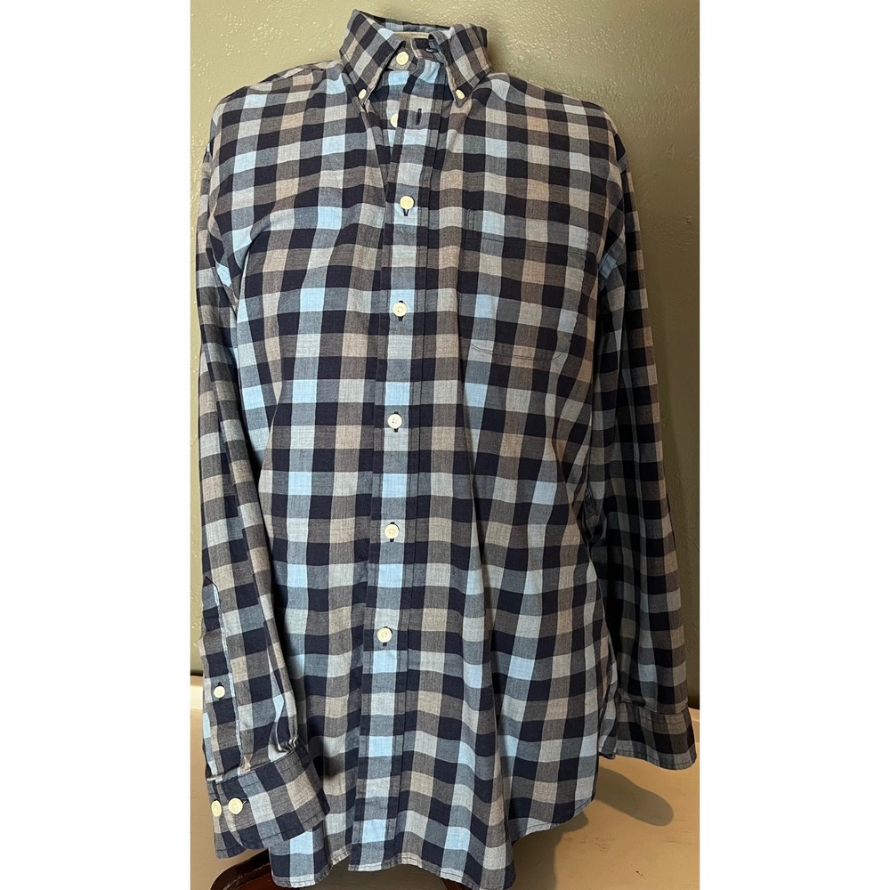 Brooks Brothers Madison Mens Large Blue Grey Buffalo Check Cotton Button Down